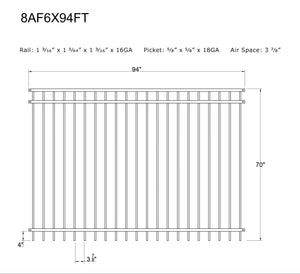 Ornamental Steel Flat Top 8' Wide x 6' Tall 3-Rail Fence Panel with 3-7/8" Air Space