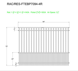 Ornamental Steel Puppy Picket Flat Top 8' Wide x 6' Tall 4-Rail Fence Panel with 3-7/8" Air Space