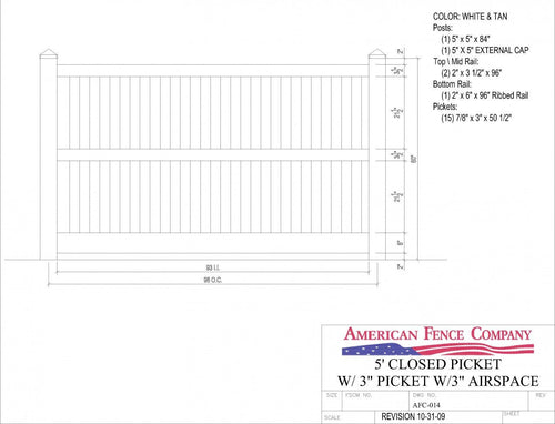 AFC-014   5' Tall x 8' Wide Closed Picket Fence with 3" Air Space - Default Title