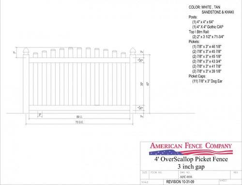 AFC-016   4' Tall x 6' Wide Overscallop Picket Fence with 3" Air Space - Khaki