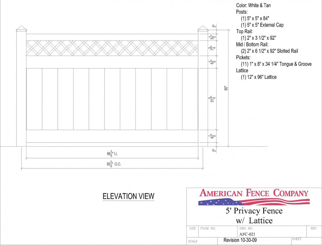 AFC-021   5' Tall x 8' Wide Privacy Fence with Lattice Accent