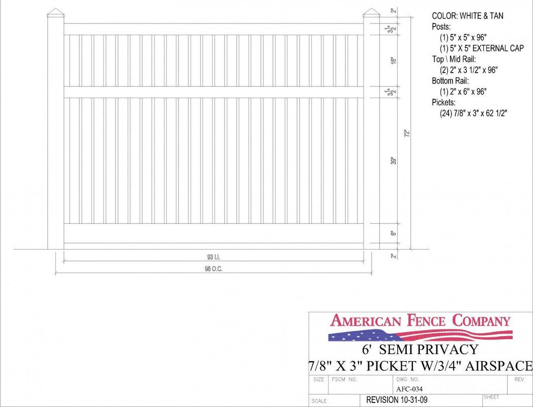 AFC-034   6' Tall x 8' Wide Semi Private Fence with 3/4