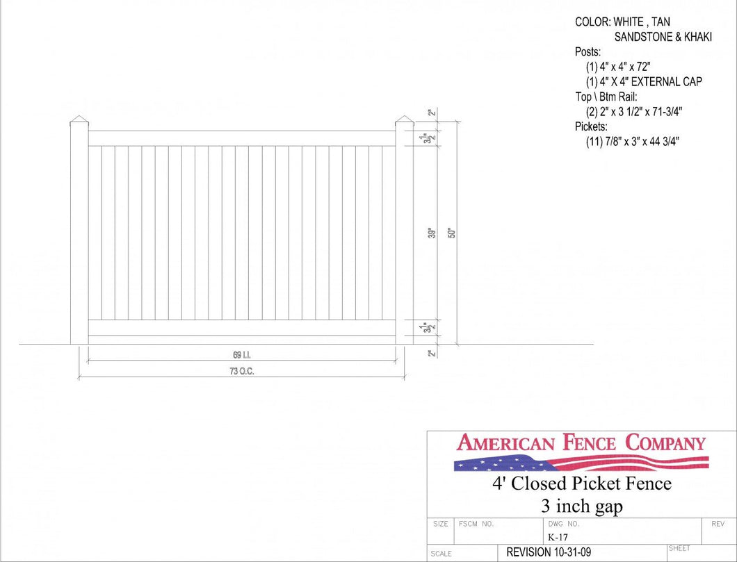 K-17   4' Tall x 6' Wide Closed Picket Fence with 3