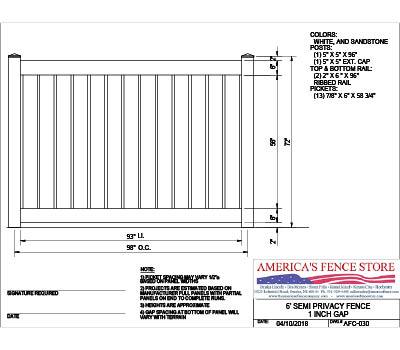 AFC-030   6' Tall x 8' Wide Semi Private Fence with 1